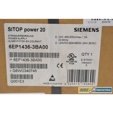 Siemens Power Supply, 400 to 500V AC, 24V DC, 20A, DIN Rail 6EP1436-3BA00